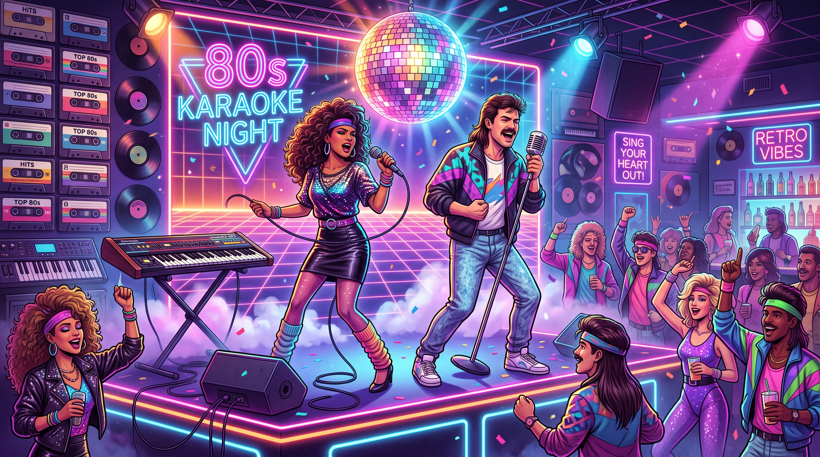 Pessoas cantando clássicos dos anos 80 no karaokê