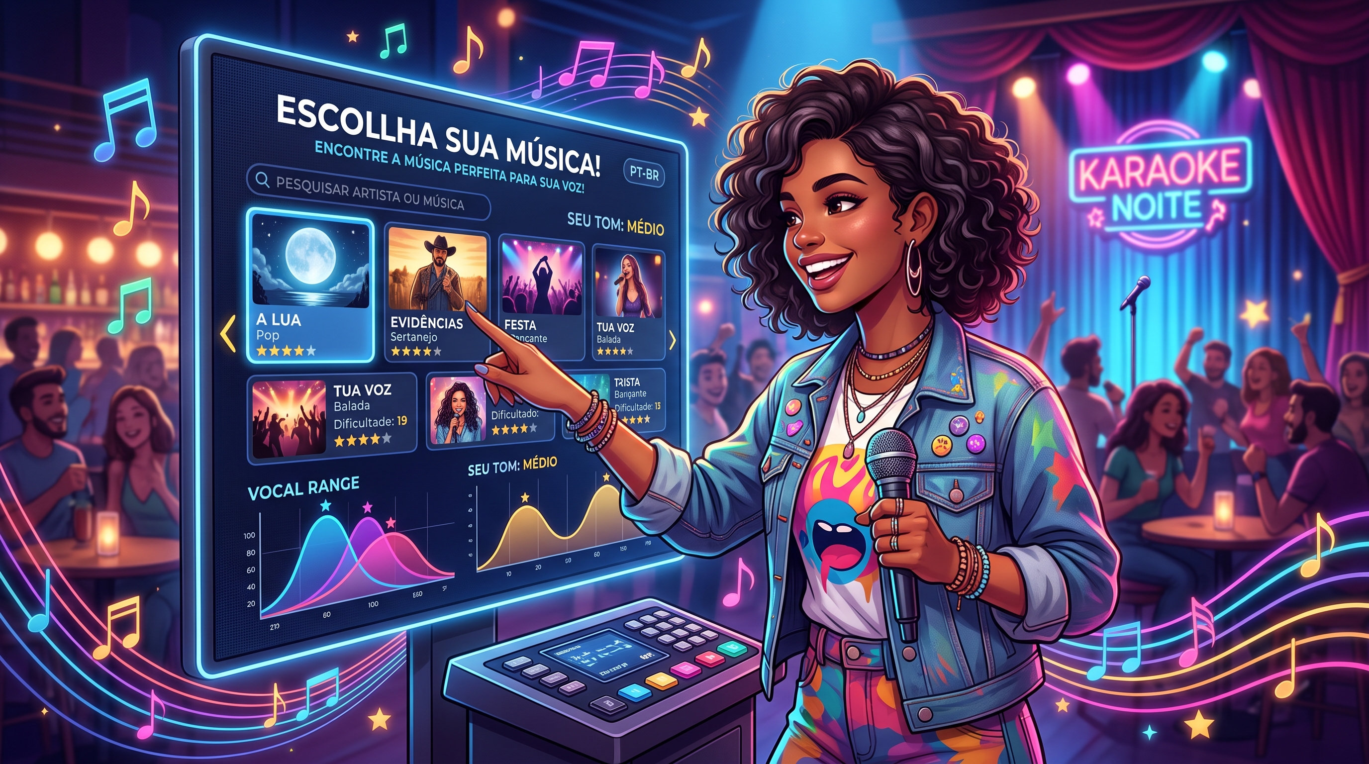 Pessoa escolhendo uma música para cantar no karaokê