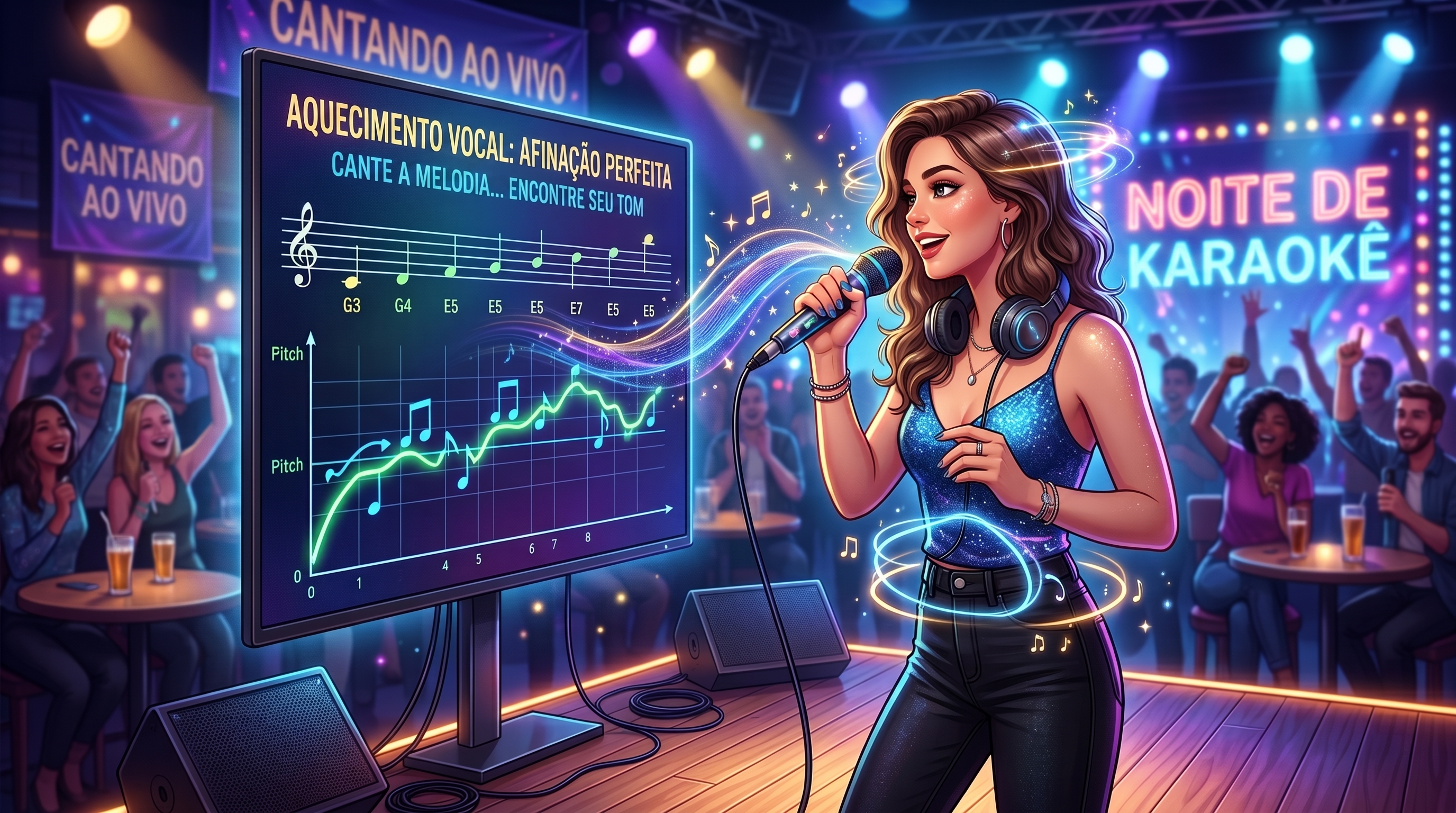Pessoa praticando afinação antes de cantar no karaokê