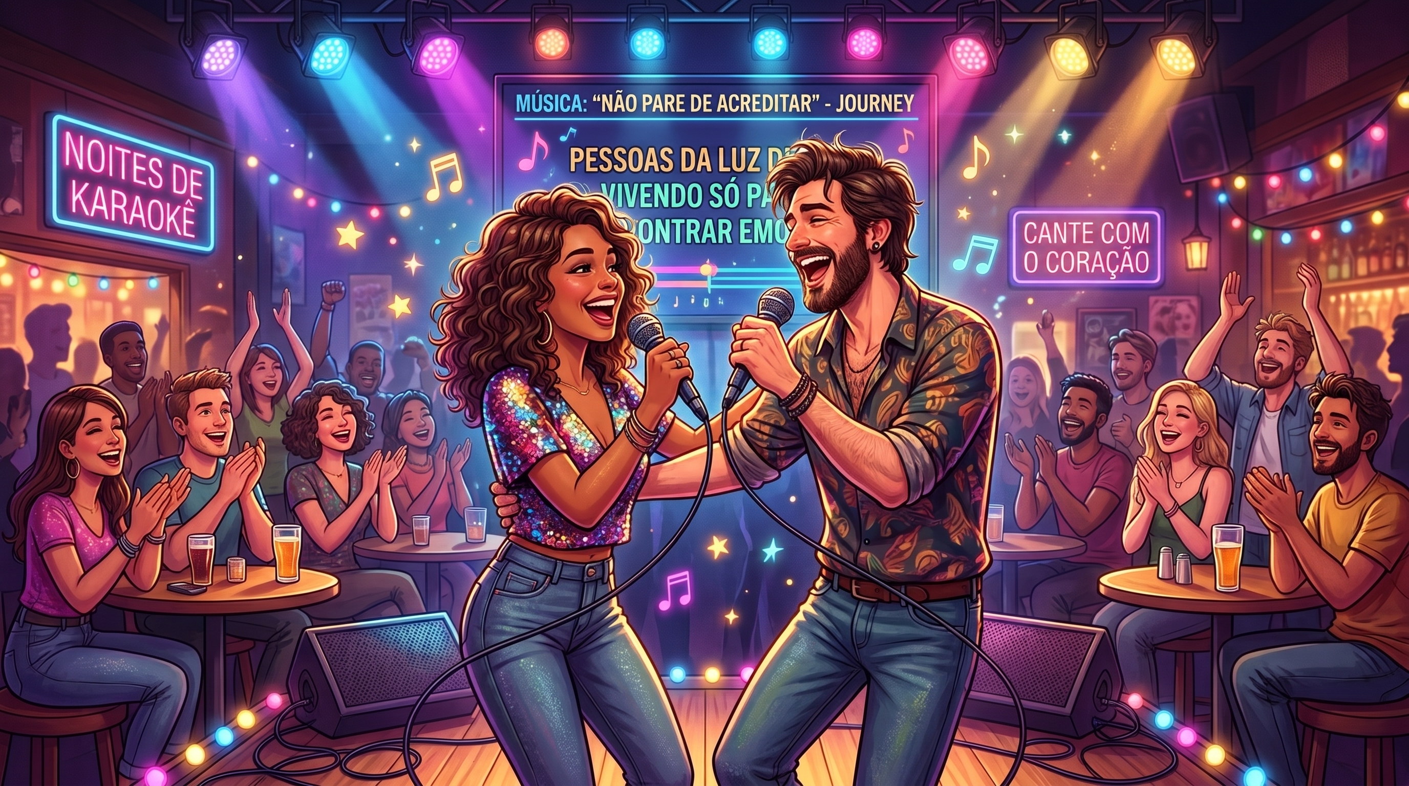 Duas pessoas cantando juntas em um karaokê